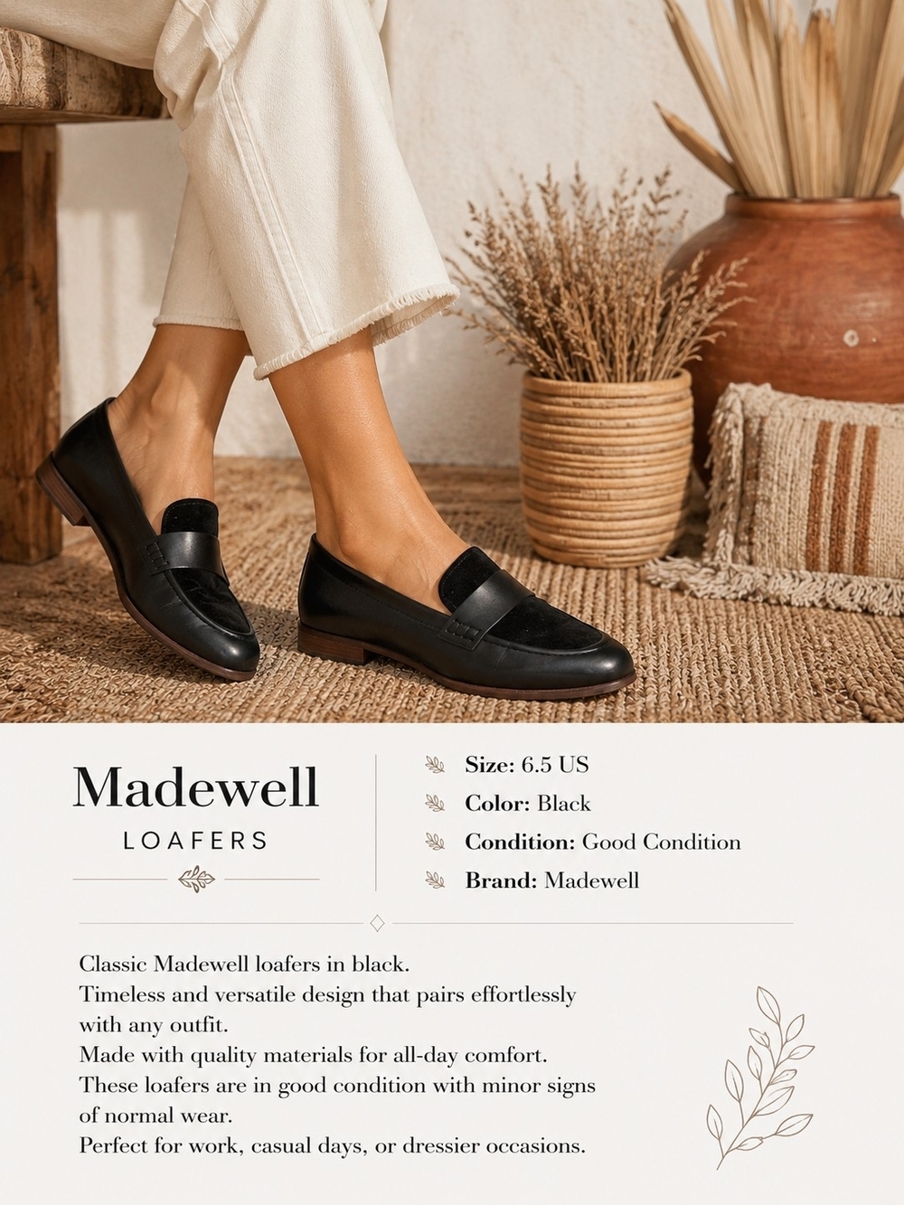 Madewell Women's The Alex Loafer in Black Leather and Suede Size 6.5